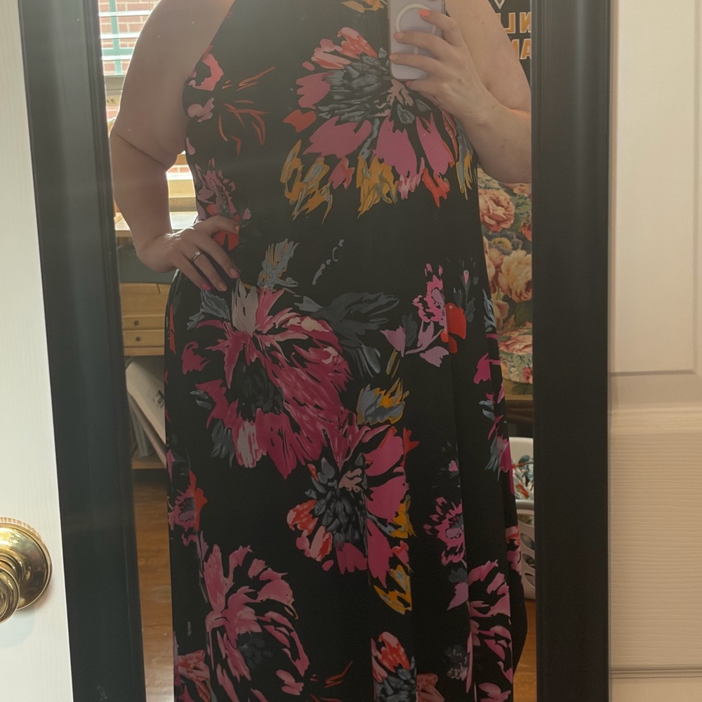 Halter Maxi Dress in Black with Pink Floral Print NWT